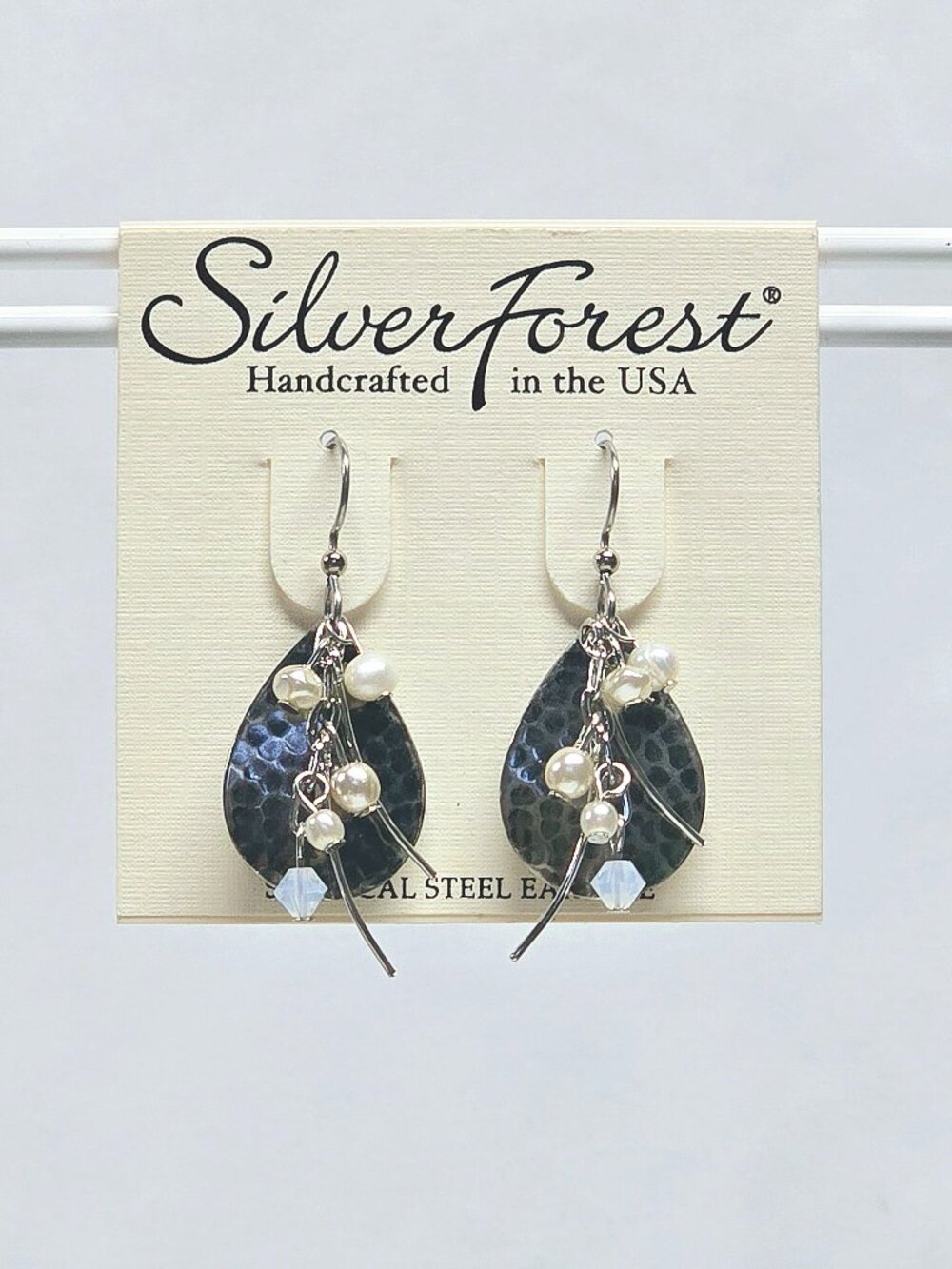 Silver Forest Hammered Silvertone Teardrop with Faux Pearl Dangle Earrings